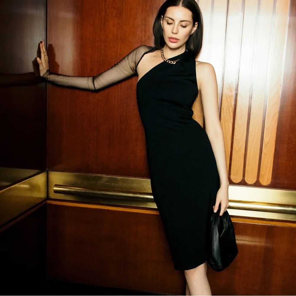🖤 Marcella NYC - Manhattan Mesh Sleeve Midi Dress in Black - XS